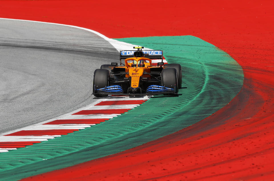 Mclaren driver Lando Norris of Britain steers his car during the Austrian Formula One Grand Prix at the Red Bull Ring racetrack in Spielberg, Austria, Sunday, July 5, 2020. (Leonhard Foeger/Pool via AP)