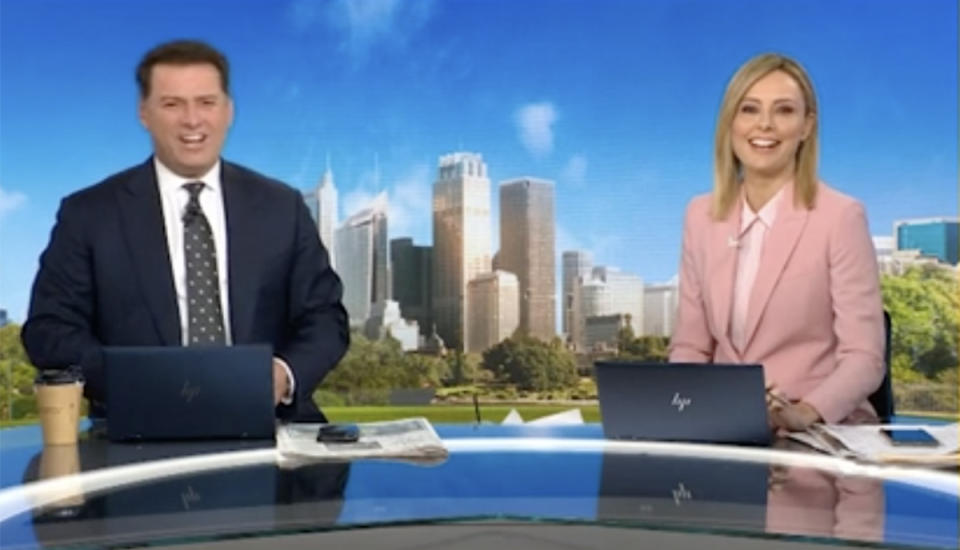 Today show host Allison Langdon wears a pink suit alongside her co-host Karl Stefanovic