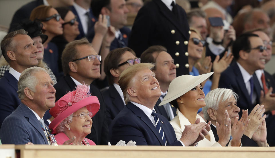 Britain's Prince Charles, Queen Elizabeth II, President Donald Trump, first lady Melania Trump and Greek President Prokopis Pavlopoulos, from left, applaud as they watch a fly past at the end of an event to mark the 75th anniversary of D-Day in Portsmouth, England Wednesday, June 5, 2019. (Photo: Matt Dunham/AP)