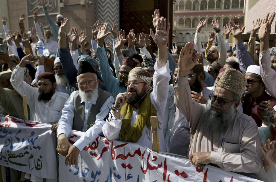 Supporters of a Pakistani religious group chant slogans during a demonstration to condemn Israel's use of force against the Palestinians, in Karachi, Pakistan, Friday, May 14, 2021. (AP Photo/Fareed Khan)