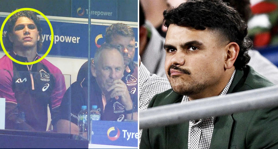 Reece Walsh and Latrell Mitchell look on during Broncos and Rabbitohs games.