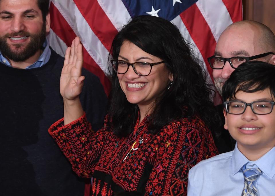 US House Representative Rashida Tlaib participates in a ceremonial swearing-in at the start of the 116th Congress at the US Capitol in Washington, DC.