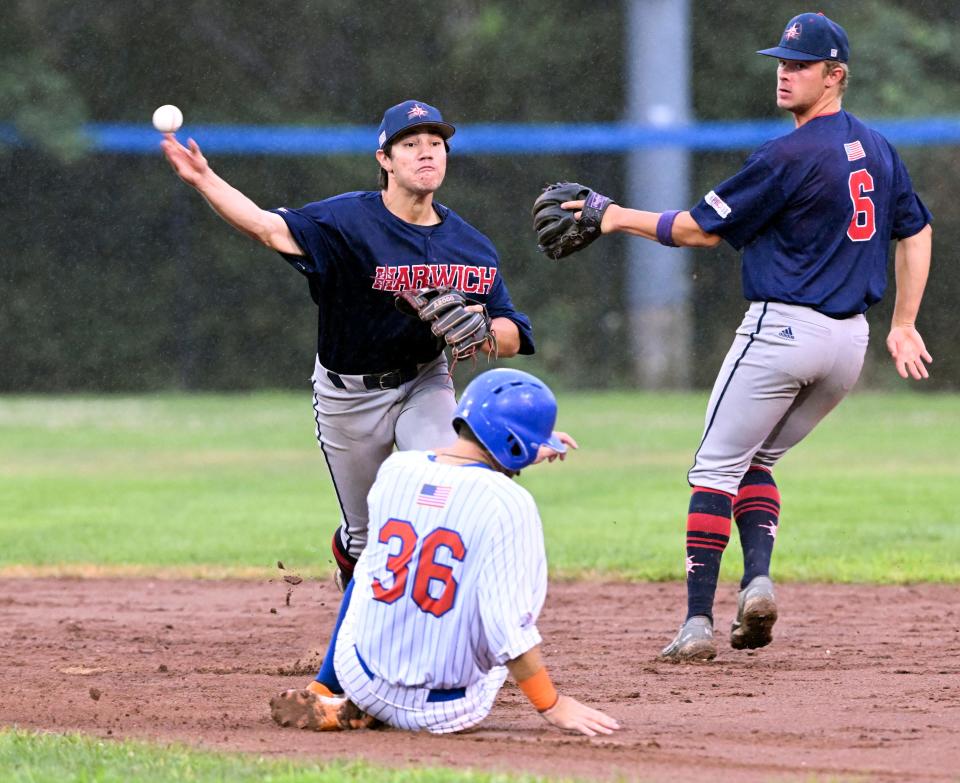 Harwich shortstop Kalae Harrison turns a double play after forcing Drew Ehchard of Hyannis at second covered by second baseman Nick Goodwin (6) during a game Monday in Hyannis.