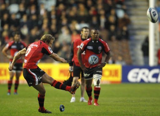 Jonny Wilkinson of Toulon kicks a penalty shot during the European Challenge Cup at the Twickenham Stoop. Biarritz won 21-18