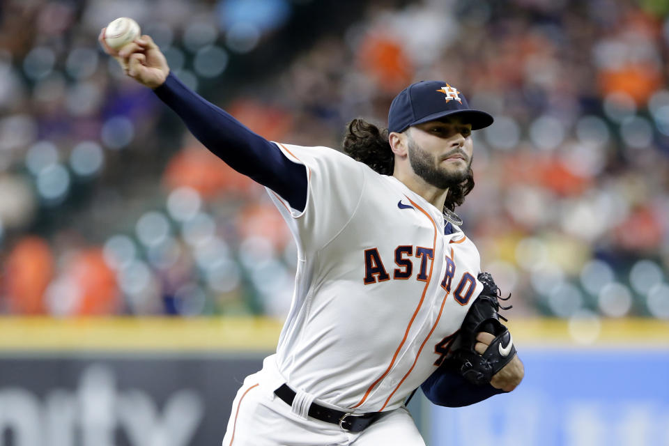 Houston Astros starting pitcher Lance McCullers Jr. throws against the Oakland Athletics during the first inning of a baseball game Thursday, July 8, 2021, in Houston. (AP Photo/Michael Wyke)