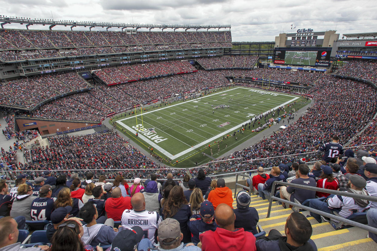 FILE - This is a general view of Gillette Stadium during an NFL football game between the Houston Texans and New England Patriots, Sunday, Sept. 9, 2018, in Foxborough, Mass. There are 23 venues bidding to host soccer matches at the 2026 World Cup in the United States, Mexico and Canada. (AP Photo/Stew Milne, File)