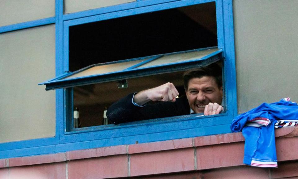 Steven Gerrard greeted celebrating Rangers fans through the window of the Ibrox dressing room after Saturday’s 3-0 win against St Mirren