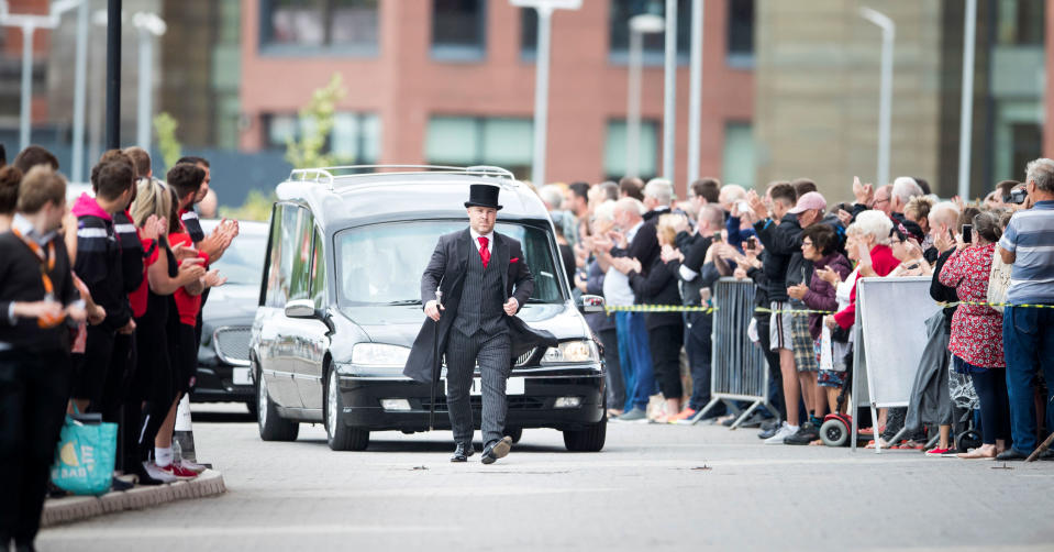 The cortege carrying the coffin of Barry Chuckle, 73, (real name Barry Elliott) arrives at the New York Stadium, Rotherham, for his funeral following his death on Sunday August 5.