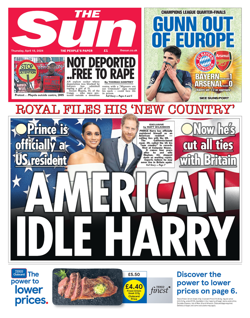 The headline in the Sun reads: "American idle Harry".