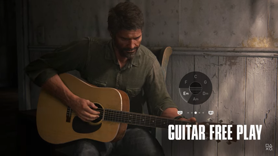 скриншот последней из нас, часть 2, обновленная на PlayStation: Джоэл играет на гитаре в режиме свободной игры