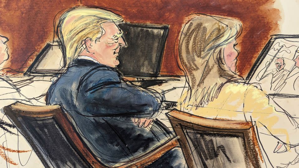 In this courtroom sketch, Donald Trump sits with arms folded beside his attorney, Alina Habba in Federal Court, in New York, Wednesday, Jan. 17, 2024. - Elizabeth Williams/AP