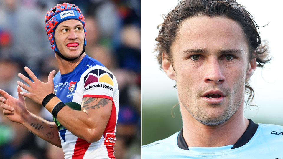 Kalyn Ponga reacts and Nicho Hynes looks on.