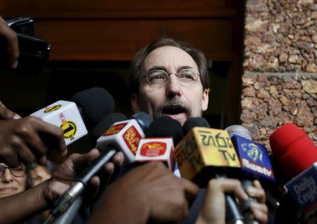 United Nations (U.N.) High Commissioner for Human Rights Zeid Raâ€™ad Al Hussein speaks to the media before he leaves his hotel to meet Sri Lankan politicians and diplomats in Colombo February 6, 2016. REUTERS/Dinuka Liyanawatte