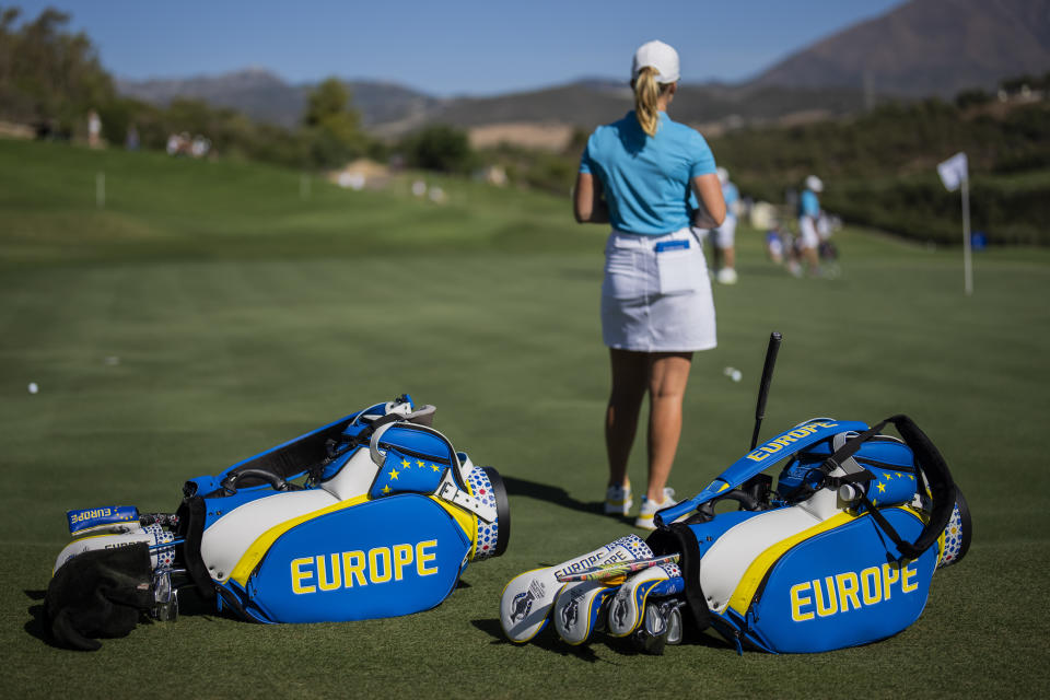 Solheim Cup team Europe practice during a training session at Finca Cortesin, near Estepona, southern Spain, on Wednesday, Sept. 20, 2023. (AP Photo/Bernat Armangue)