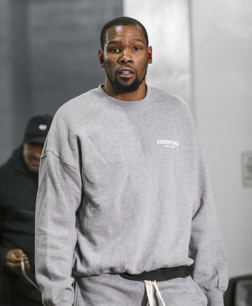 May 4, 2019; Houston, TX, USA; Golden State Warriors forward Kevin Durant (35) arrives before game three of the second round of the 2019 NBA Playoffs against the Houston Rockets at Toyota Center. Mandatory Credit: Troy Taormina-USA TODAY Sports