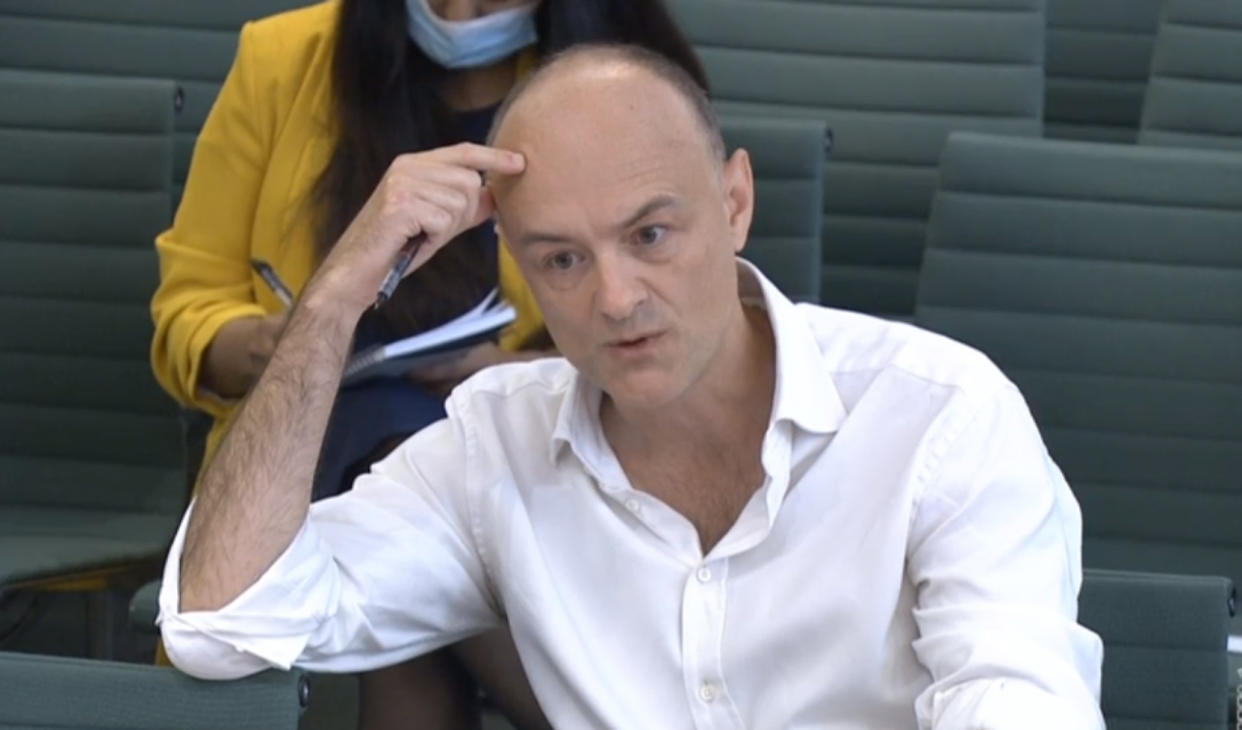 Dominic Cummings, former Chief Adviser to Prime Minister Boris Johnson, giving evidence to a joint inquiry of the Commons Health and Social Care and Science and Technology Committees on the subject of Coronavirus: lessons learnt. Picture date: Wednesday May 26, 2021. (Photo by House of Commons/PA Images via Getty Images)