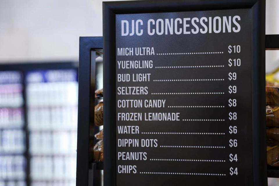 Prices are listed for food and drink options from DJC Concessions at Kroger Field. Among the items sold by DJC Concessions are chips, cotton candy and peanuts.