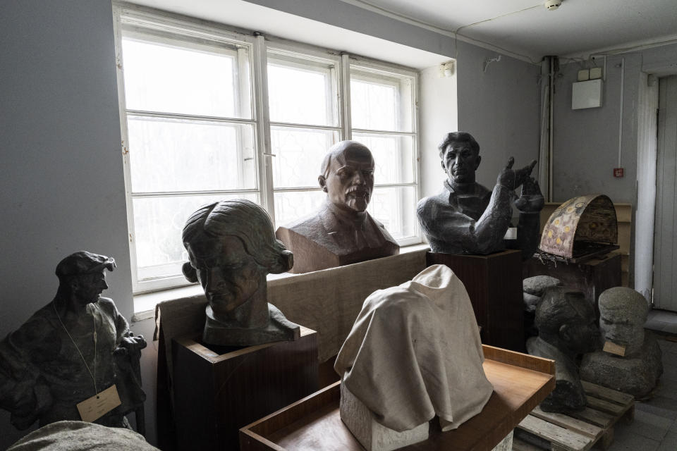 Busts of Soviet iconography are stored in the Andrey Sheptytsky National Museum in Lviv, western Ukraine, Friday, March 4, 2022. The doors of the museum have been closed since Russia's war on Ukraine began on Feb. 24, and heritage sites across the country face danger as the fighting continues. (AP Photo/Bernat Armangue)