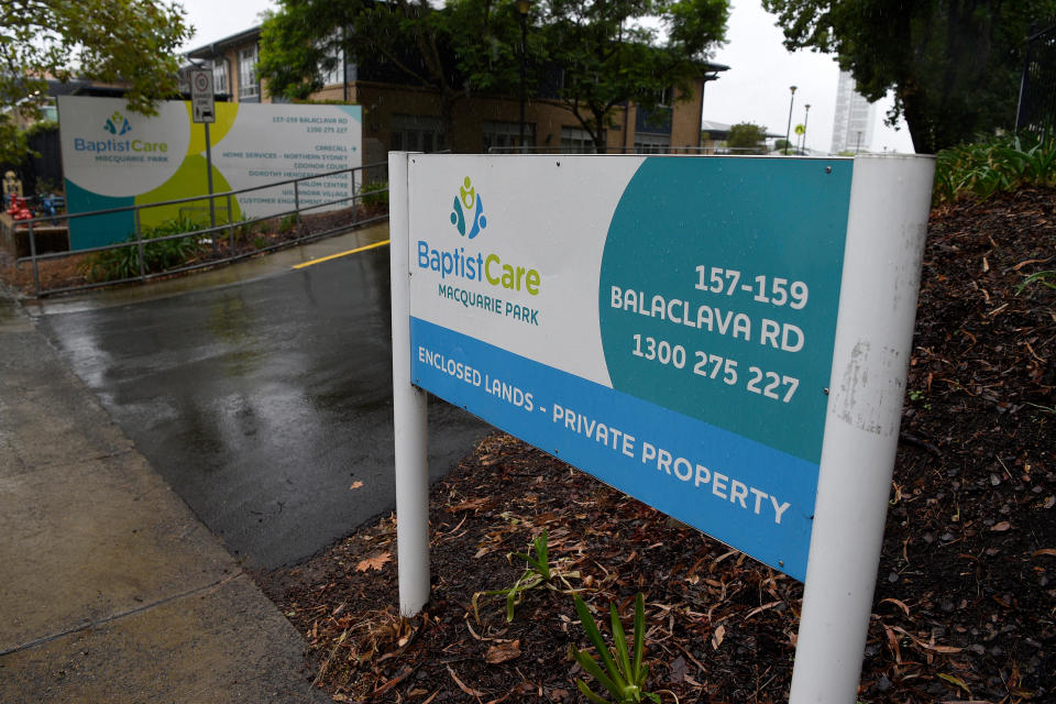 Signage at the entrance of the BaptistCare Dorothy Henderson Lodge Aged Care Centre in Sydney. Source: AAP