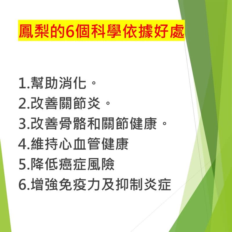 營養師謝宜芳分享吃鳳梨的六大好處。（圖／謝宜芳老師的營養教室授權提供）