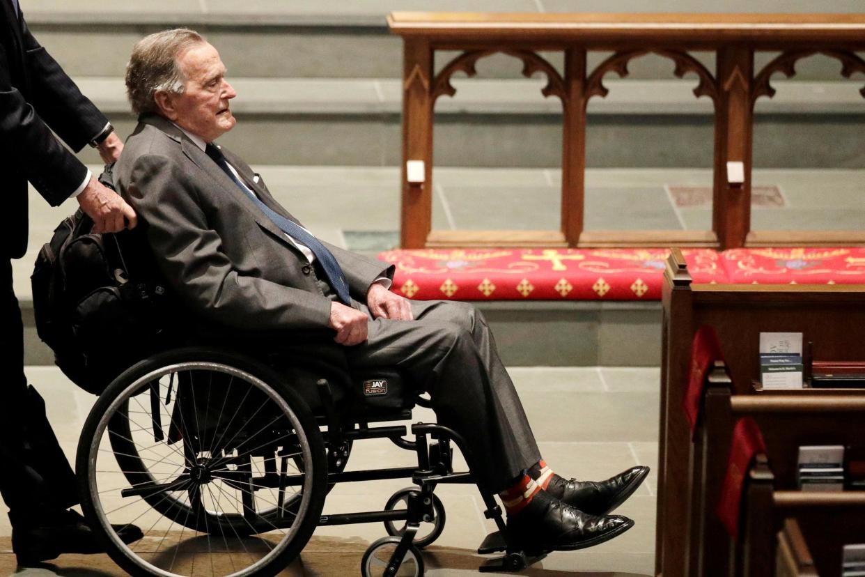 Former President George H.W. Bush arrives at St. Martin's Episcopal Church for funeral services for former first lady Barbara Bush in Houston on Saturday: REUTERS