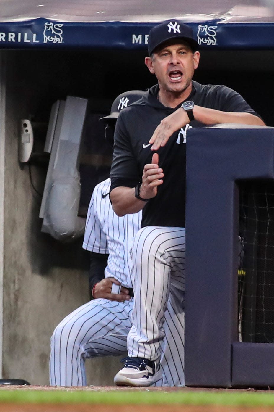 Jun 28, 2022; Bronx, New York, USA; New York Yankees manager Aaron Boone (17) yells at the home plate umpire after a strike is called in the third inning against the Oakland Athletics at Yankee Stadium. Mandatory Credit: Wendell Cruz-USA TODAY Sports