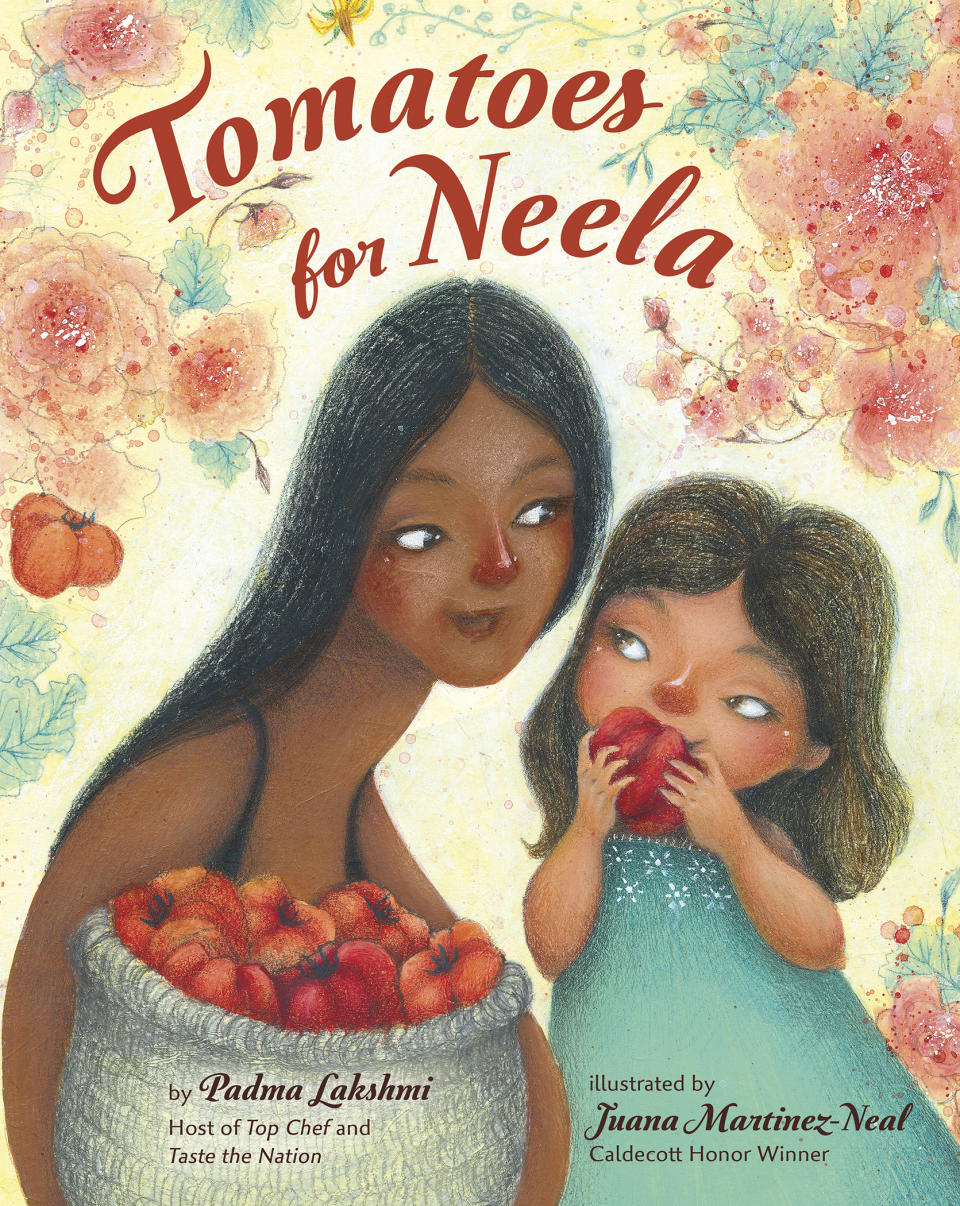 This cover image released by Viking Books for Young Readers shows "Tomatoes for Neela," a children's book written by Padma Lakshmi, with illustrations by Juana Martinez-Neal. The book mixes the author's memories of cooking with her family with practical food advice, a nod to farmworkers and even a pair of recipes. (Viking Books for Young Readers via AP)