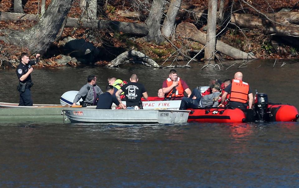 First responders from Putnam and Westchester rescue three fishermen from the Croton Falls Reservoir after the boat they were fishing from overturned Nov. 2, 2022. The were transported to Danbury Hospital after they were rescued.