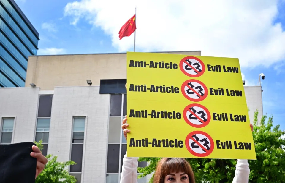 Protesters gather outside a Chinese consulate in Los Angeles to protest against Hong Kong’s new national security law (AFP via Getty)