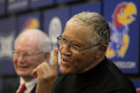 Former Kanas basketball coaches Walt Wesley, right, and Ted Owens address the media as part of a reunion of players and coaches celebrating the 125th anniversary of Kansas basketball before an NCAA college basketball game against Iowa State Saturday, Jan. 14, 2023, in Lawrence, Kan. (AP Photo/Charlie Riedel)