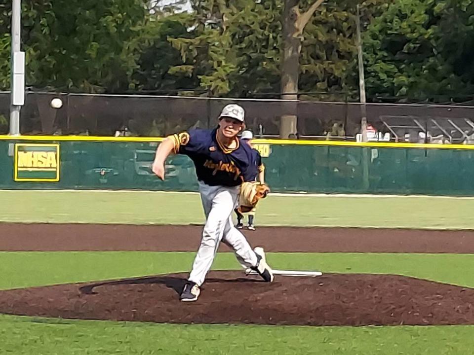 O’Fallon sophomore pitcher Connor Blue fires a pitch toward home plate during a nonconference game against visiting Highland on Wednesday, May 17, at Blazier Field. The Panthers ultimately rallied for a 3-2 victory.