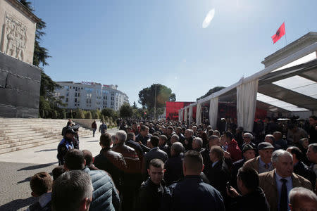 Supporters of the opposition Democratic Party take part in an anti-government protest in front of the office of Albanian Prime Minister Edi Rama in Tirana, Albania, March 2, 2017. REUTERS/Florion Goga