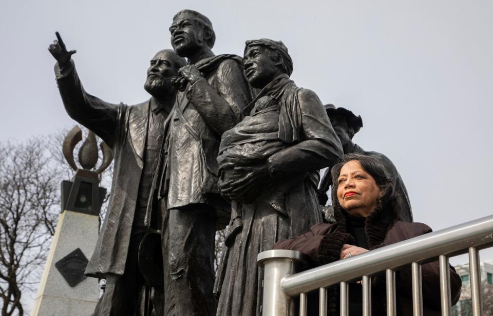 Kimberly Simmons, executive director and president of the Detroit River Project, stands next to the International Memorial to the Underground Railroad in Detroit on Thursday, March 21, 2024.