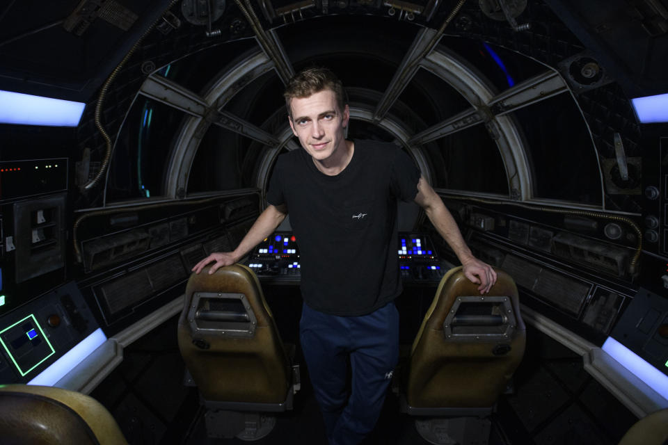 ANAHEIM, CA - OCTOBER 29:  In this handout photo provided by Disneyland Resort, actor Hayden Christensen takes over Millennium Falcon: Smugglers Run during a visit to Star Wars: Galaxys Edge at Disneyland Park on October 29, 2019 in Anaheim, California.  (Photo by Richard Harbaugh/Disneyland Resort via Getty Images)