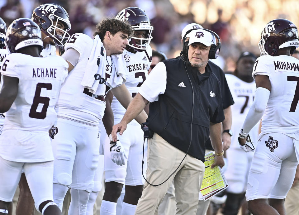 Oct 1, 2022; Starkville, Mississippi; Texas A&M Aggies head coach Jimbo Fisher stands on the sidelines during the third quarter of the game against the Mississippi State Bulldogs at Davis Wade Stadium at Scott Field. Matt Bush-USA TODAY Sports