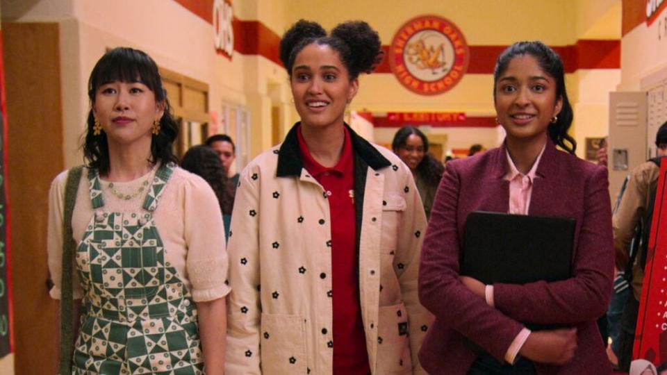 Ramona Young, Lee Rodriguez and Maitreyi Ramakrishnan in "Never Have I Ever" (Netflix)