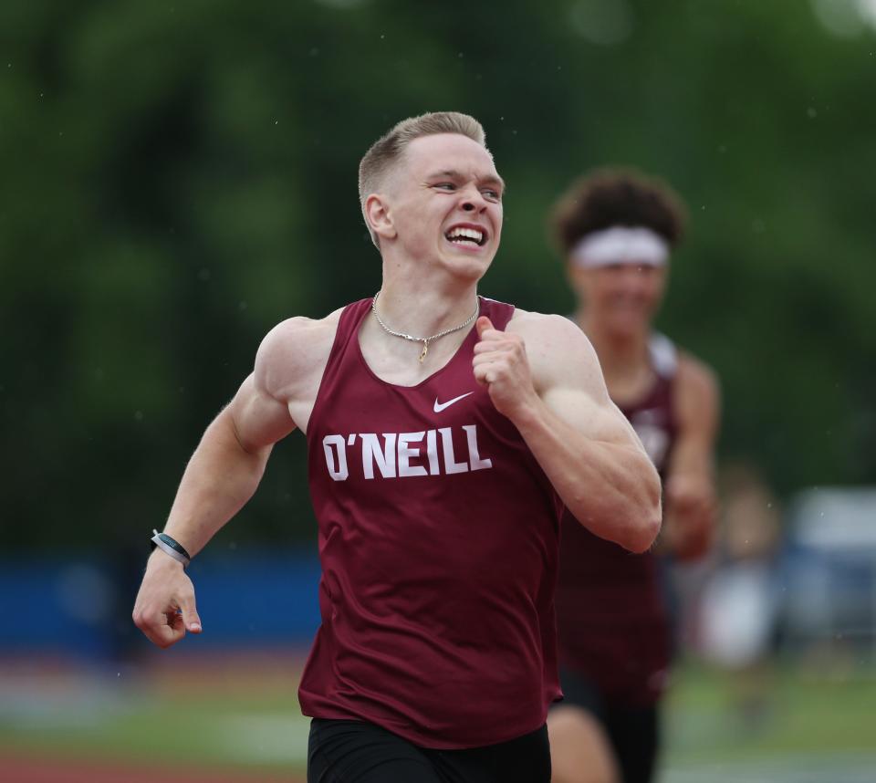 O'Neill's Jadon Spain wins the boys division 2 200 meter dash during the Section 9 Track & Field state qualifier on June 2, 2023. 