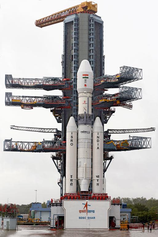 The GSLV MK-III rocket sits on launch pad at The Satish Dhawan Space Centre on Sriharikota Island, some 80kms north of Chennai, on December 17, 2014