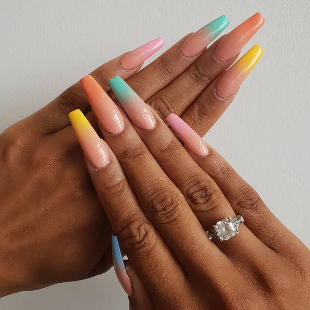 <p>Coffin-shaped acrylics with a cute ombre effect. Yes please.</p><p><a href="https://www.instagram.com/p/BziytRlAEsF/" rel="nofollow noopener" target="_blank" data-ylk="slk:See the original post on Instagram" class="link ">See the original post on Instagram</a></p>