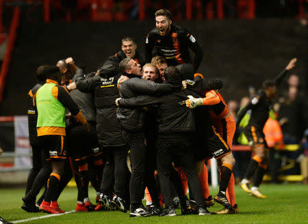 Soccer Football - Championship - Bristol City vs Wolverhampton Wanderers - Ashton Gate Stadium, Bristol, Britain - December 30, 2017 Wolves celebrate their second goal scored by Ryan Bennett Action Images/Alan Walter