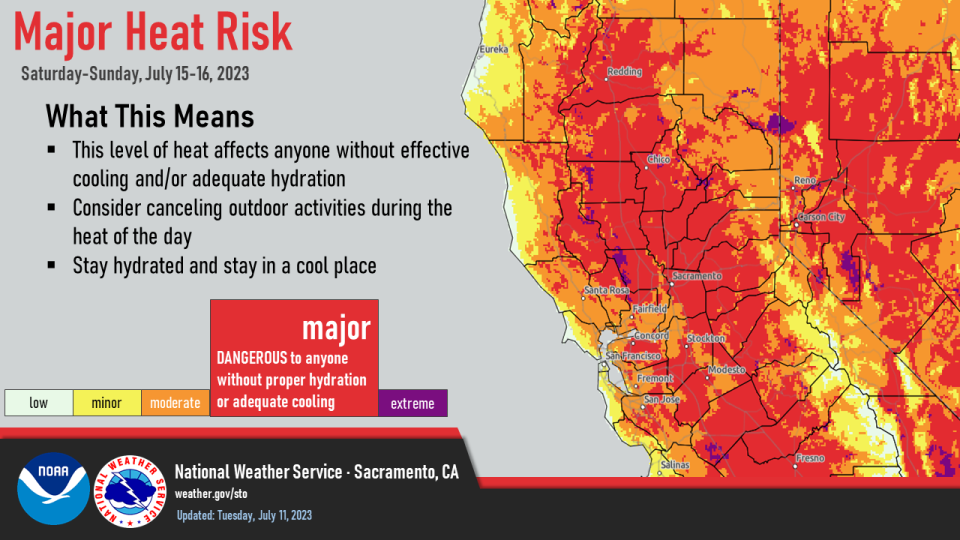 Temperatures will likely soar above 110 degrees on Saturday and Sunday in much of the North State, according to the National Weather Service. Red areas illustrate places where heat is high enough to pose dangers to people's health.