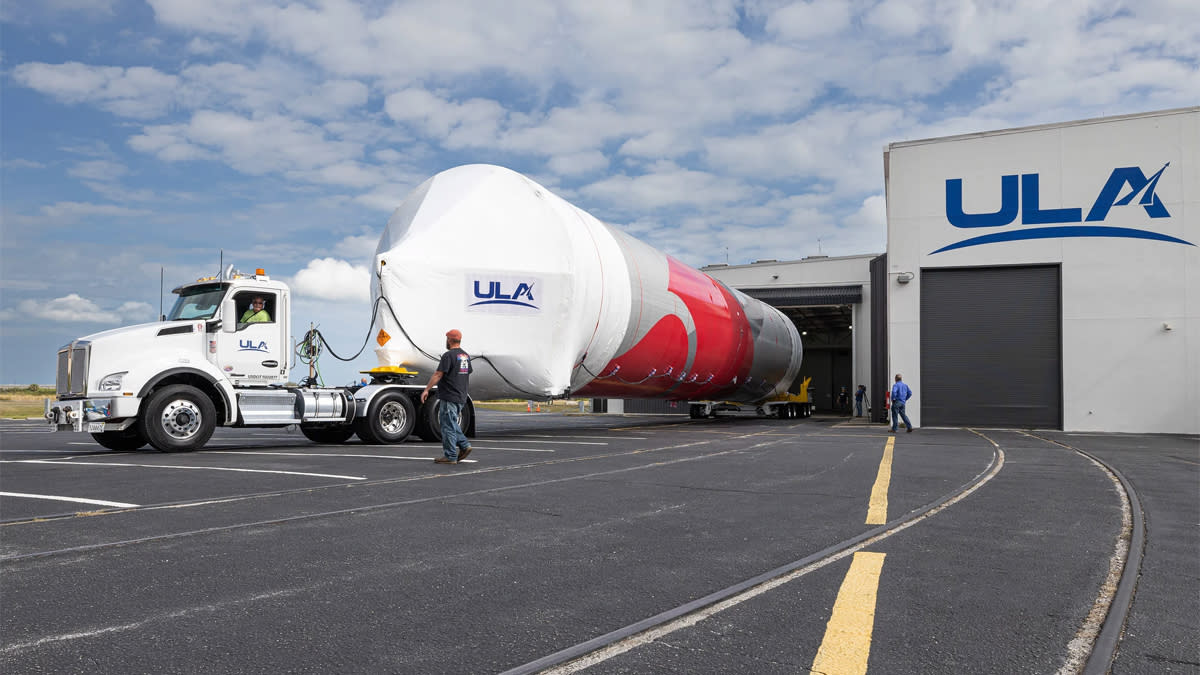  The first Vulcan Centaur rocket booster arrives at Cape Canaveral, Florida on Jan. 22, 2022 ahead of a planned debut launch. 