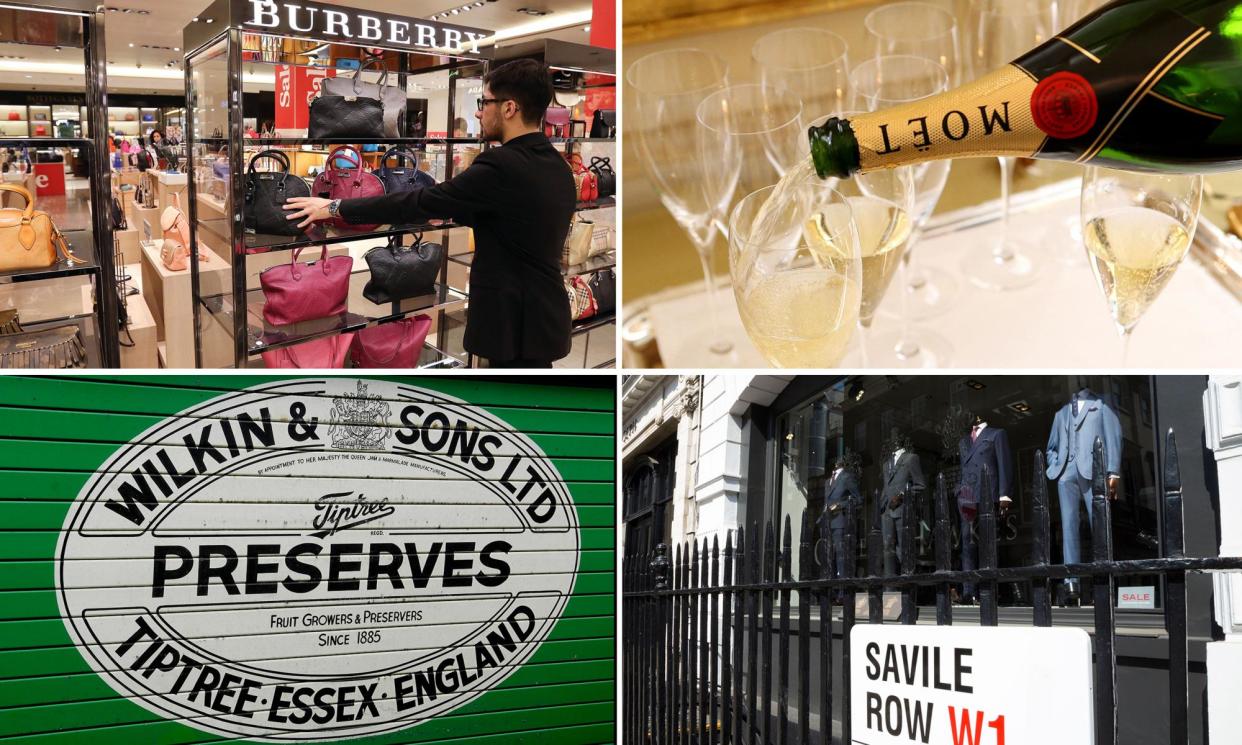 <span>Clockwise (left to right from top): Burberry bags in a store, Moët & Chandon champagne, Gieves & Hawkes of Savile Row, and Wilkin & Sons, which is behind the Tiptree jam brand. A royal warrant becomes void after the death of the grantor, so companies have to reapply.</span><span>Composite: various</span>