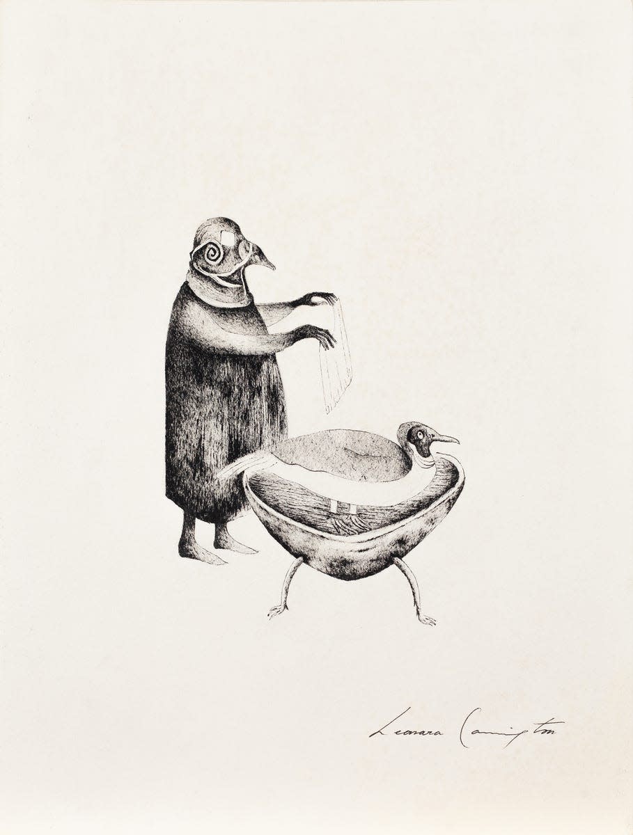 "Bird Bath" by Leonora Carrington, ink on paper (1985)