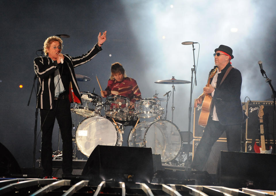 Roger Daltrey, Zak Starkey and Pete Townshend of The Who perform during the Super Bowl XLIV Halftime Show at Sun Life Stadium on February 7, 2010 in Miami Gardens, Florida. (Photo by Jeff Kravitz/FilmMagic)