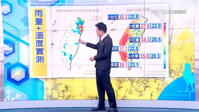 今日較大的降雨落在宜蘭及花蓮北部一帶，中南部山區也有小規模對流現象。