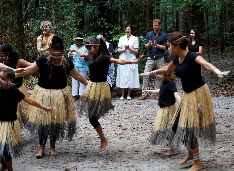 The Prince watches a dance during the Welcome to Country Smoking Ceremony. Photo: Getty