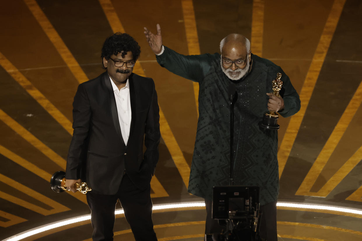 Best Song winners Chandrabose and M.M. Keeravani (Kevin Winter/Getty Images)
