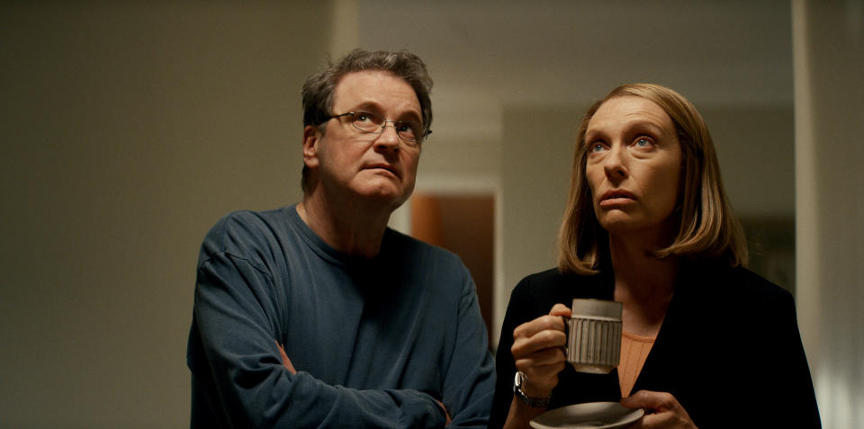 Colin Firth as Michael Peterson & Toni Collette as Kathleen Peterson in The Staircase (Sky/Warner Bros.)
