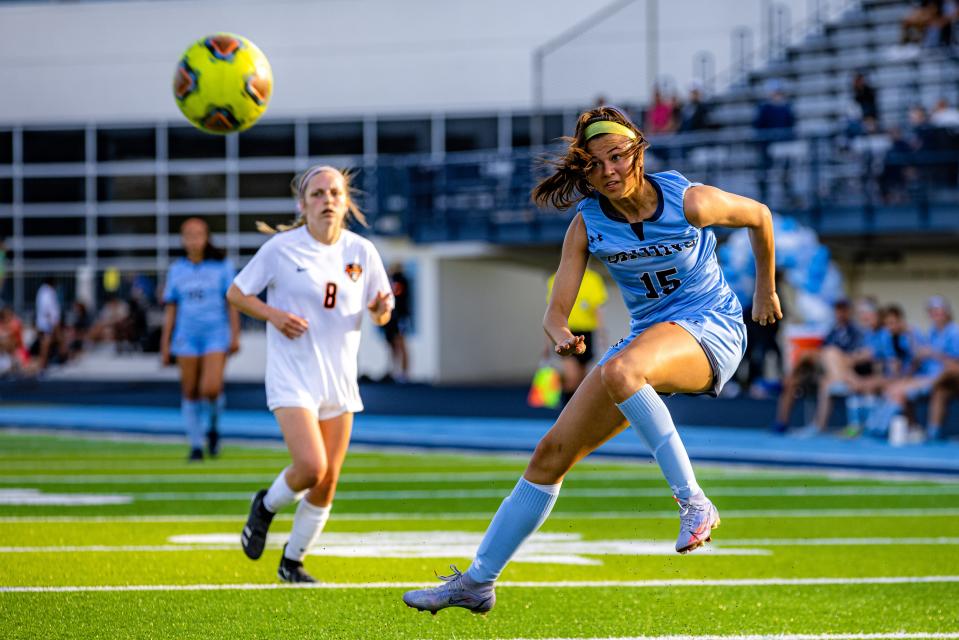 Bartlesville's Zoe McCabe puts a shot towards the goal during regular season action.